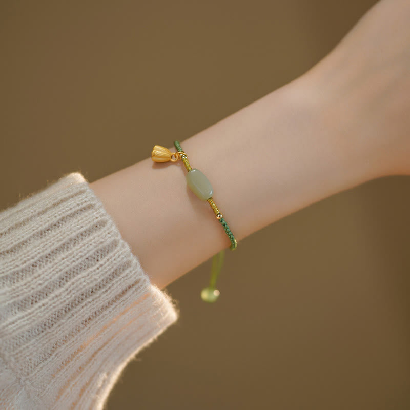 Fortune Jewel Lotus Jade Peace Buckle Bead Luck Happiness Charm String Bracelet