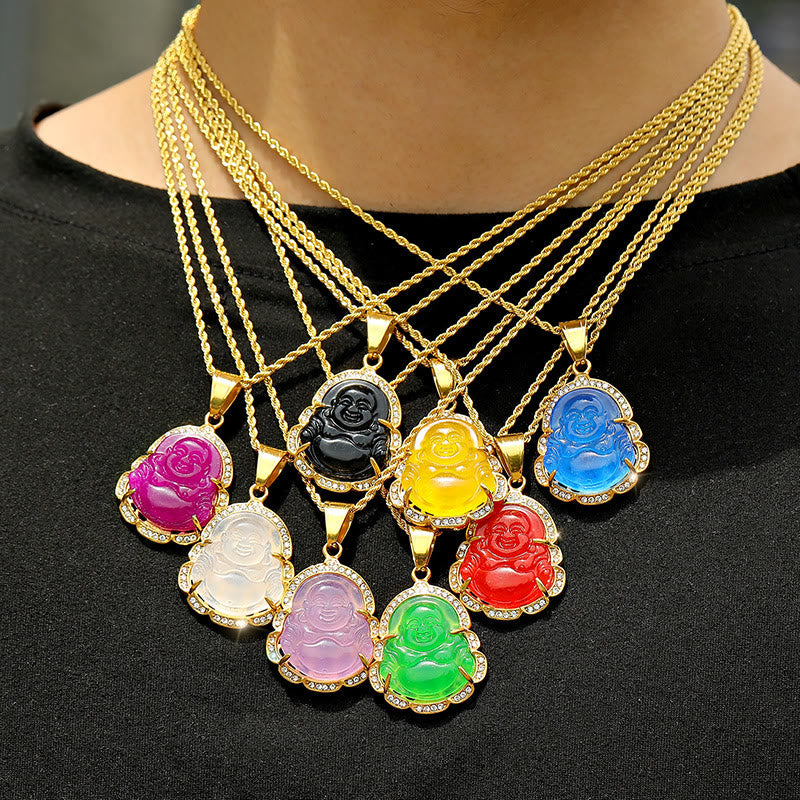 Fortune Jewel 18K Gold Filled Laughing Buddha Jade Luck Necklace Chain Pendant Fortune Jewel