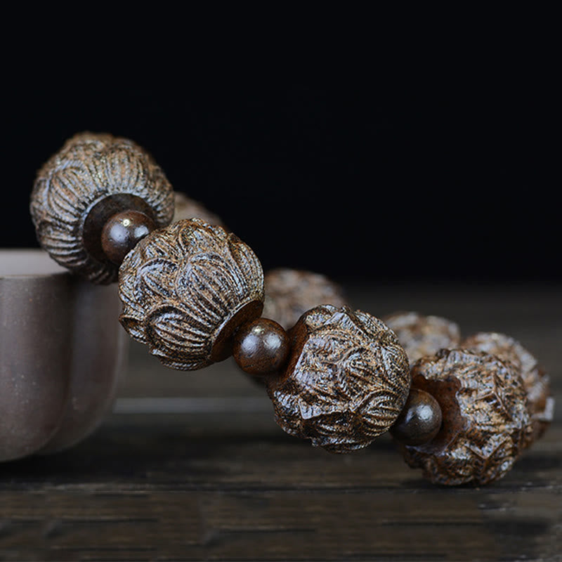 Fortune Jewel Ebony Wood Eighteen Arhats Lotus Dragon Engraved Balance Bracelet Fortune Jewel