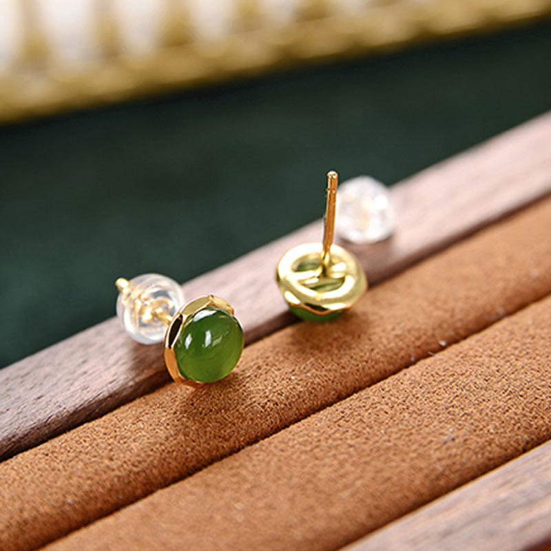 Fortune Jewel 925 Sterling Silver Plated Gold Natural Hetian Cyan Jade Bead Luck Stud Earrings
