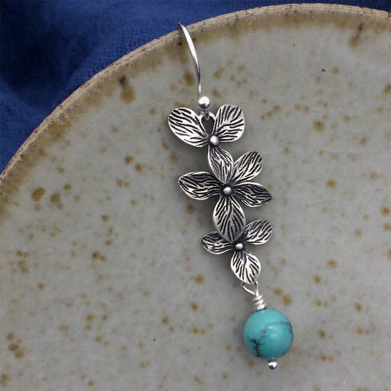 Fortune Jewel 925 Sterling Silver Turquoise Lazurite Flower Leaf Serenity Protection Hook Drop Dangle Earrings
