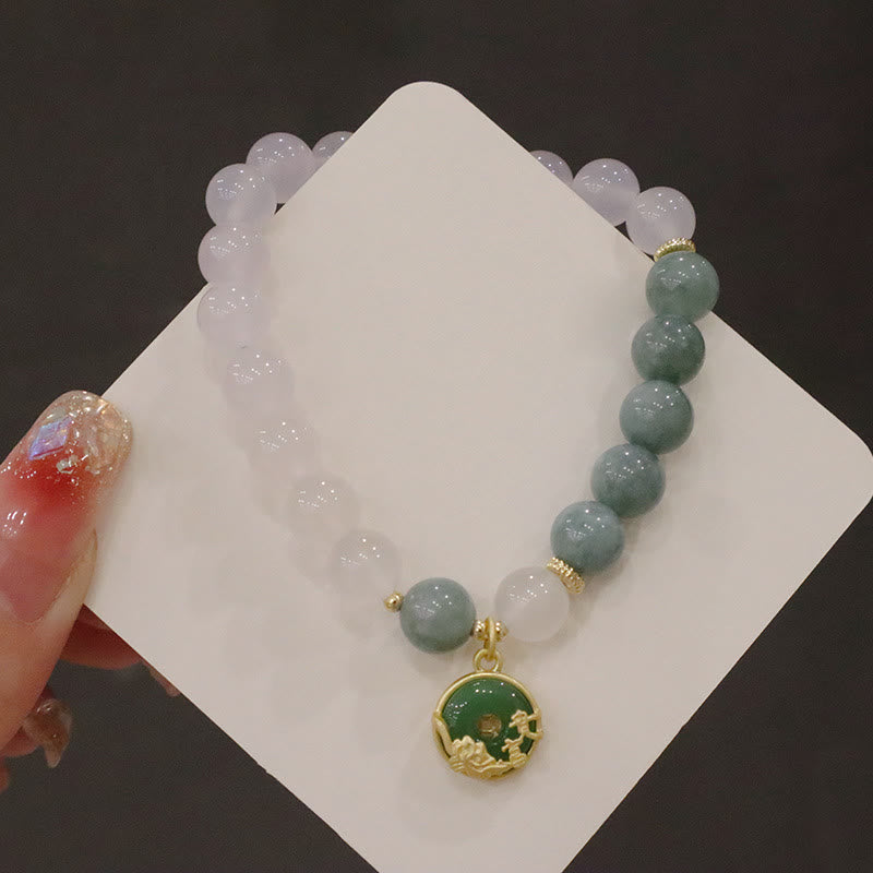 Fortune Jewel White Agate Jade Lotus Flower Peace Buckle Protection Bracelet