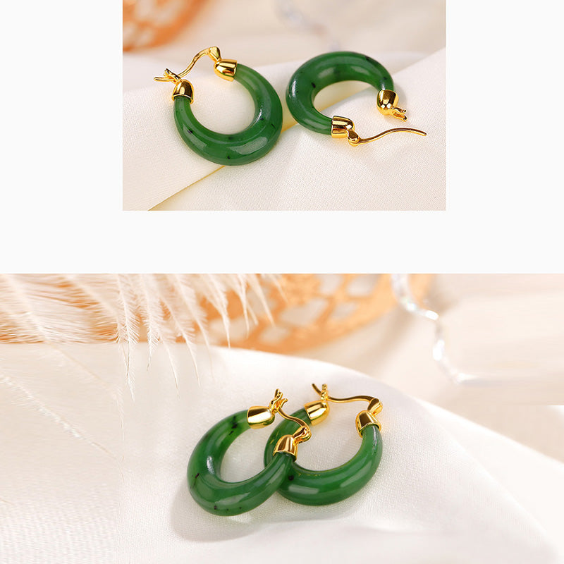 Fortune Jewel 925 Sterling Silver Plated Gold Natural Round Hetian Cyan Jade Luck Drop Earrings