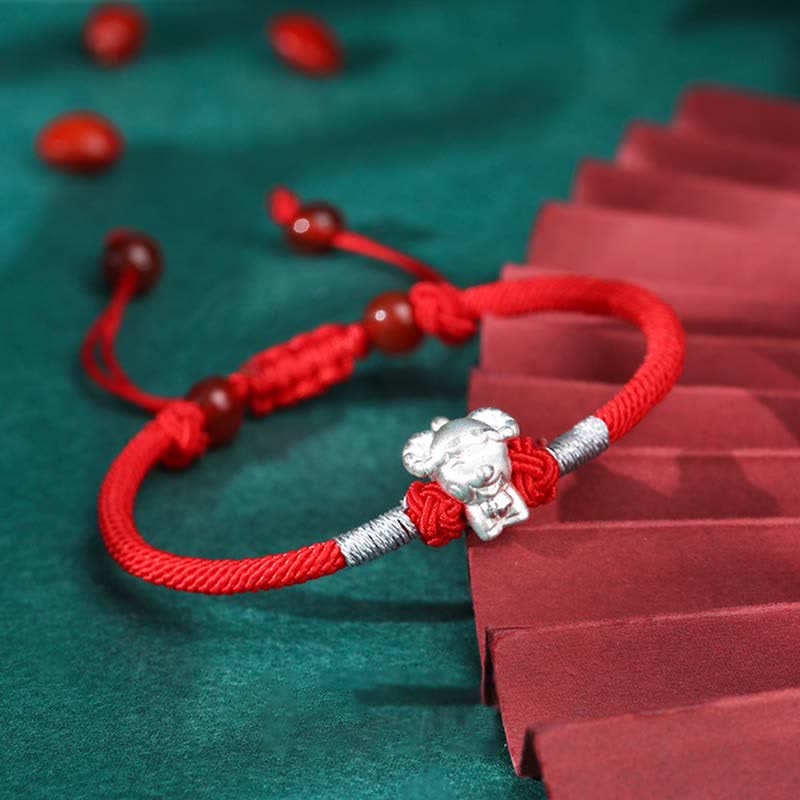 Fortune Jewel 999 Sterling Silver Chinese Zodiac Luck Strength Red String Bracelet