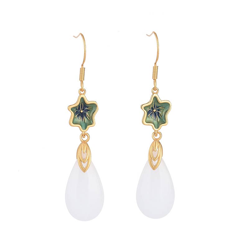 Fortune Jewel FengShui White Jade Luck Drop Earrings