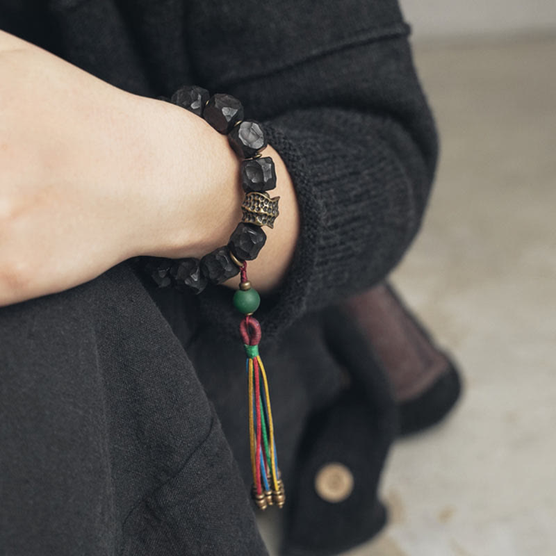 Fortune Jewel Tibet Ebony Wood Copper Peace Tassel Wrist Mala Bracelet