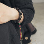 Fortune Jewel Tibet Ebony Wood Copper Peace Tassel Wrist Mala Bracelet