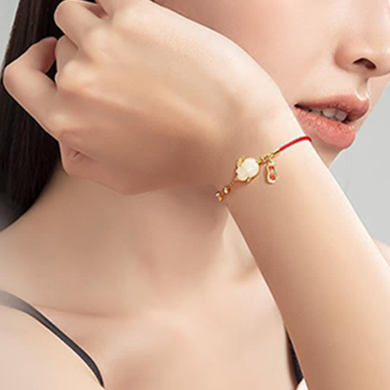 Fortune Jewel Year of the Rabbit White Jade Happiness Red String Chain Bracelet