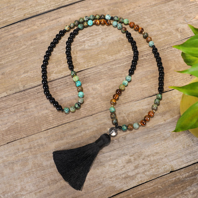 Fortune Jewel 108 Mala Beads Natural Stone Tiger Eye Turquoise Protection Strength Bracelet Necklace