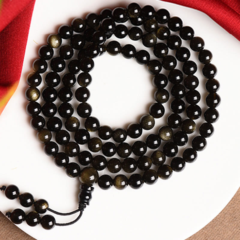 Fortune Jewel 108 Mala Beads Natural Gold Sheen Obsidian Wealth Bracelet