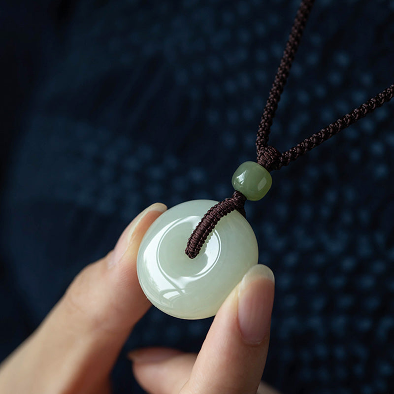 Fortune Jewel Natural Round Jade Peace Buckle Luck Prosperity Necklace Pendant