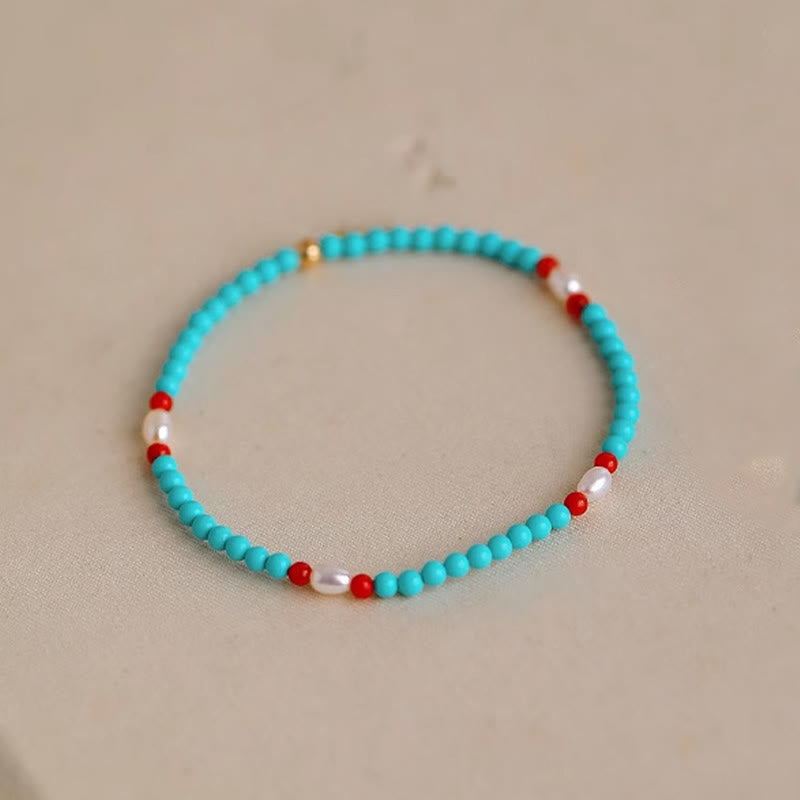 Fortune Jewel Turquoise Red Agate Pearl Small Beaded Protection Bracelet