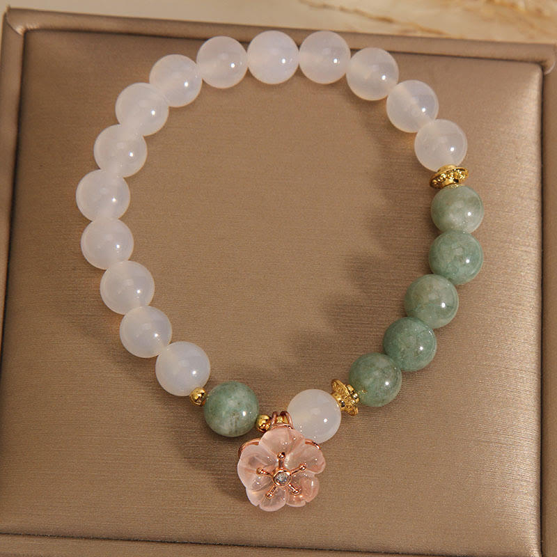 Fortune Jewel White Agate Jade Flower Charm Luck Protection Bracelet