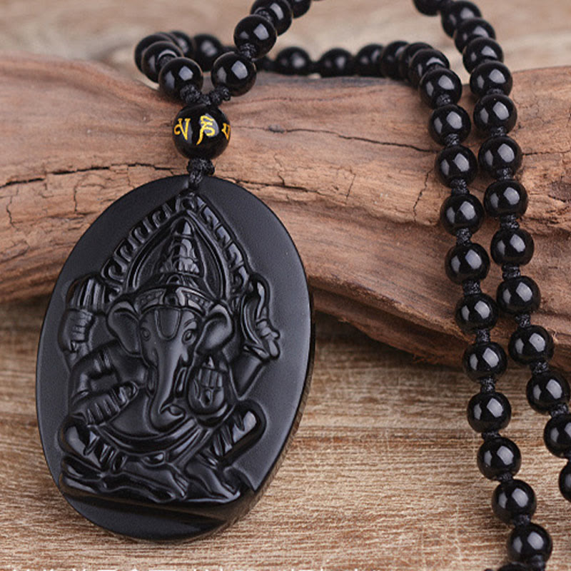 Fortune Jewel Tibetan Obsidian Ganesh Ganpati Elephant Wealth Amulet Necklace
