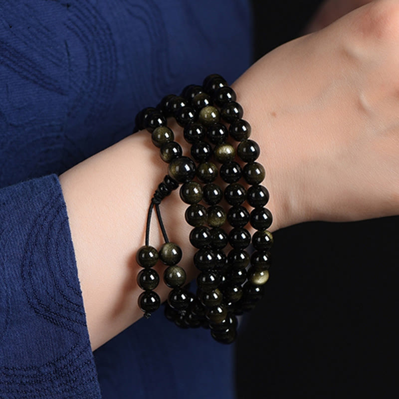 Fortune Jewel 108 Mala Beads Natural Gold Sheen Obsidian Wealth Bracelet