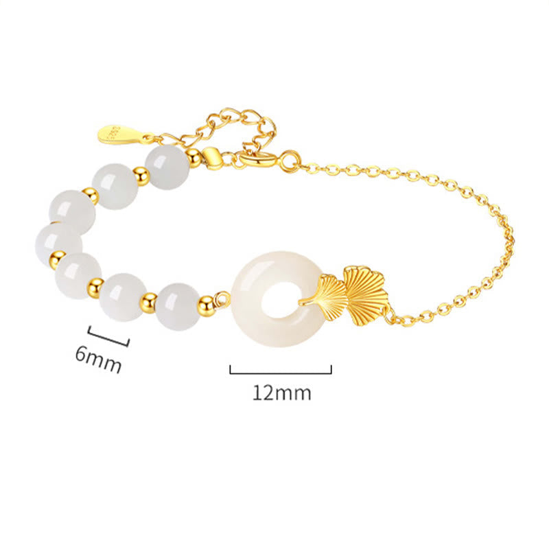 Fortune Jewel 925 Sterling Silver Hetian White Jade Peace Buckle Ginkgo Leaf Luck Bracelet