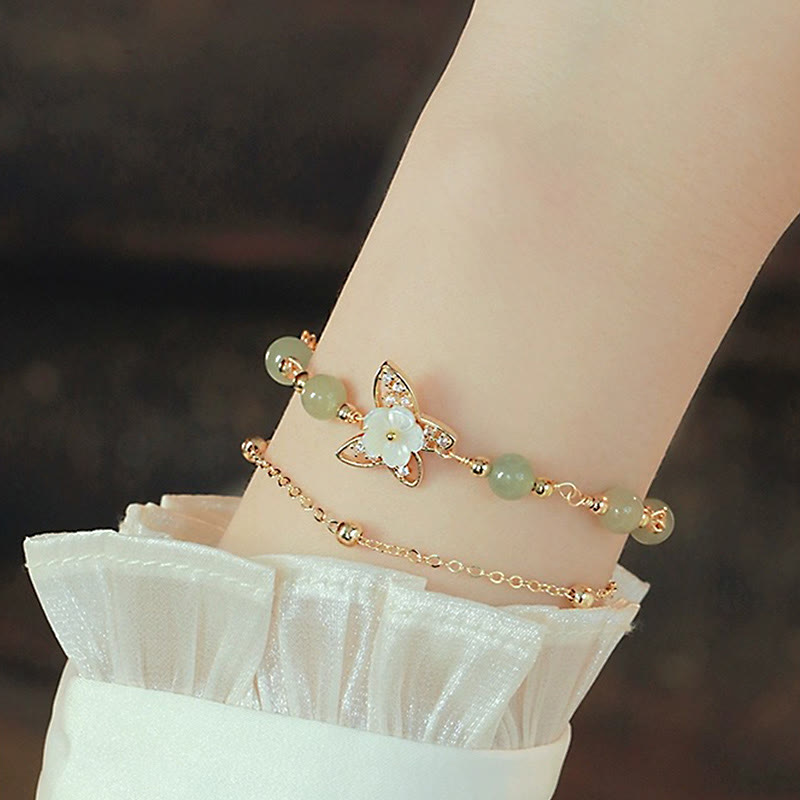 Fortune Jewel 14K Gold Plated Jade Butterfly Tridacna Stone Flower Double Layer Luck Bracelet