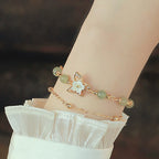 Fortune Jewel 14K Gold Plated Jade Butterfly Tridacna Stone Flower Double Layer Luck Bracelet