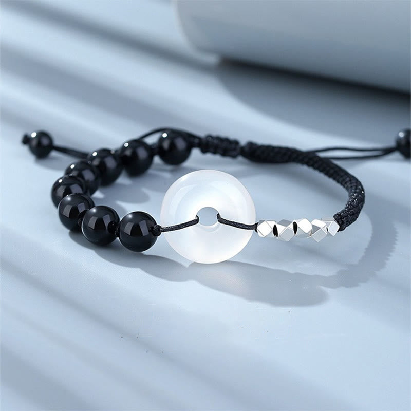 Fortune Jewel 925 Sterling Silver Black Obsidian Agate Peace Buckle Strength Bracelet