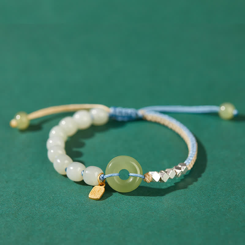 Fortune Jewel 925 Sterling Silver Hetian Jade Peace Buckle Beaded Luck Happiness Charm Bracelet