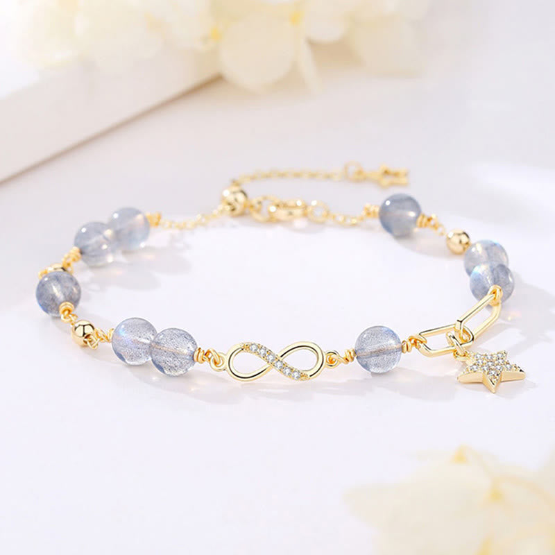 Fortune Jewel 14K Gold Plated Natural Strawberry Quartz Moonstone Möbius Loop Eternal Love Star Positive Bracelet
