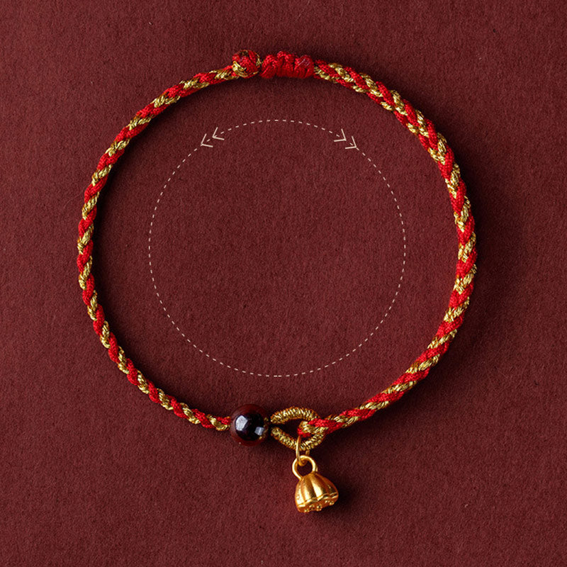 Fortune Jewel Handcrafted Red Gold Rope Lotus Peace And Joy Charm Braid Bracelet