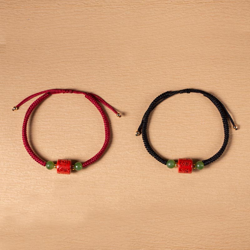 Fortune Jewel Tibetan Cinnabar Om Mani Padme Hum Engraved Blessing Braided Rope Bracelet