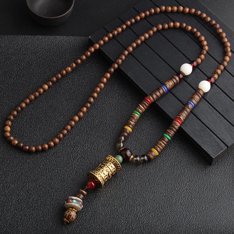 Fortune Jewel Turquoise Dzi Bead Prayer Wheel Wenge Wood Meditation Necklace