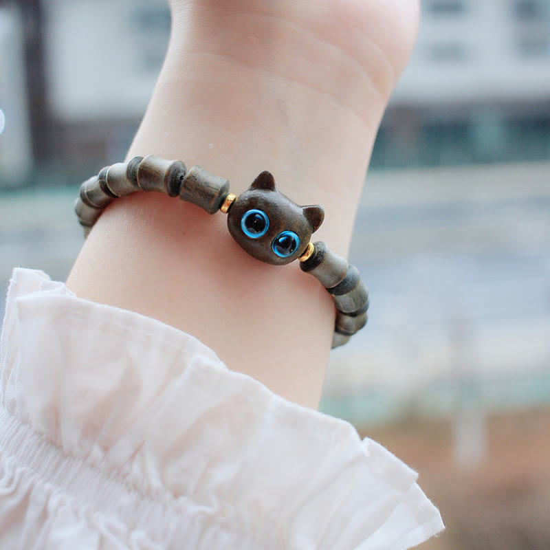 Fortune Jewel Ebony Wood Green Sandalwood Cute Cat Peace Bracelet
