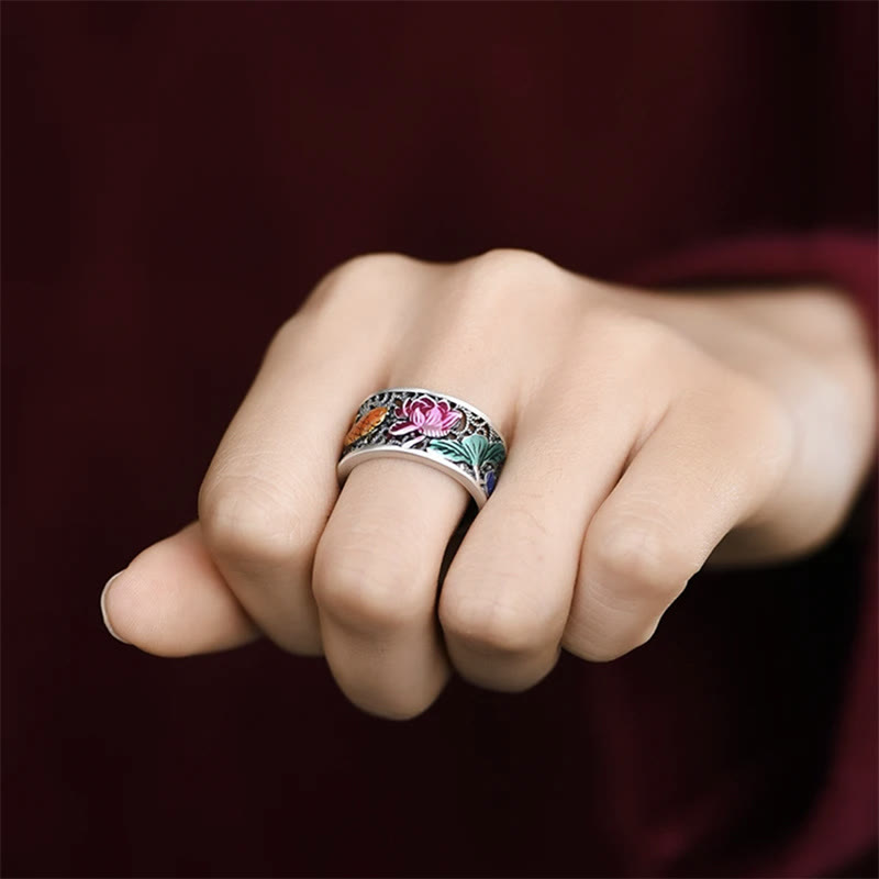 Fortune Jewel Copper Blue Enamel Lotus Heart Sutra Koi Fish Luck Ring Fortune Jewel