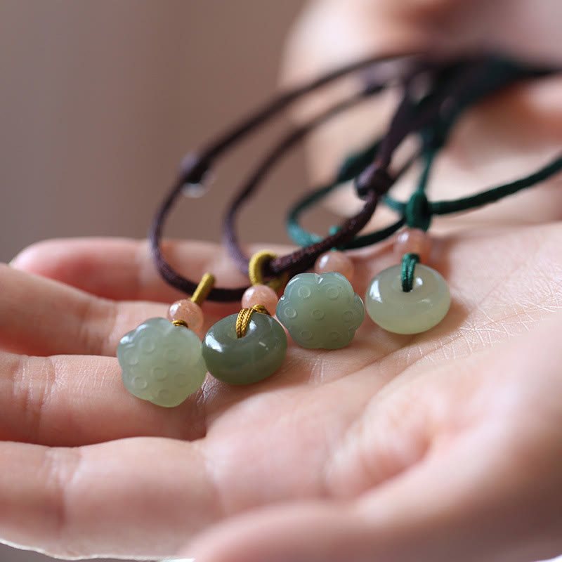 Fortune Jewel Natural Round Jade Peace Buckle Lotus Abundance String Necklace Pendant Fortune Jewel