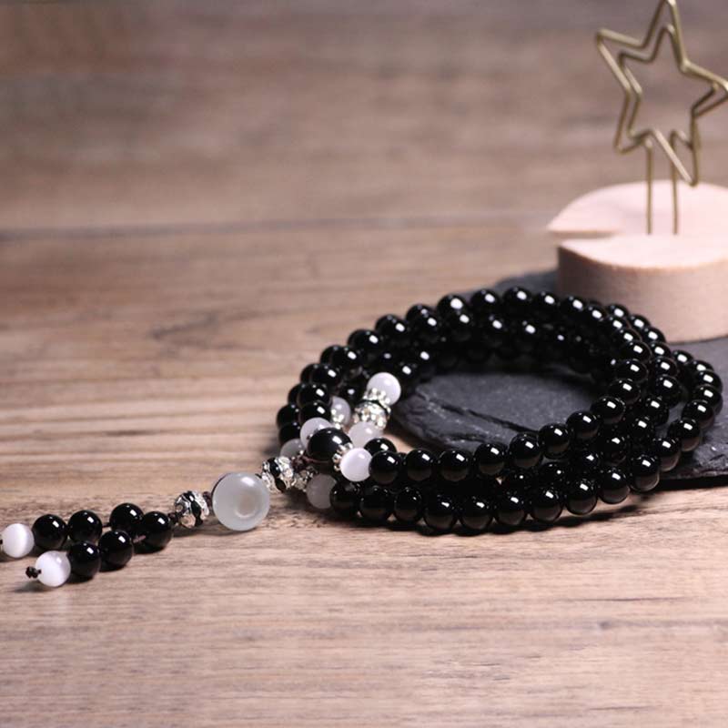 Fortune Jewel Black Onyx White Crystal Bead Meditation Bracelet
