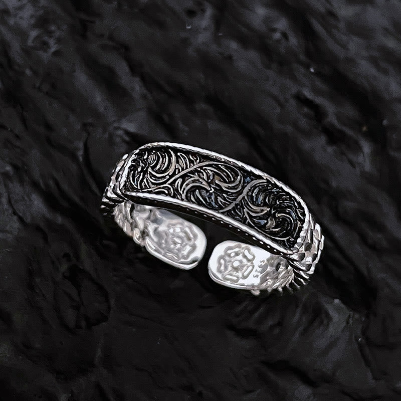Fortune Jewel Tang Dynasty Flower Design Engraved Copper Luck Cuff Bracelet Bangle Adjustable Ring