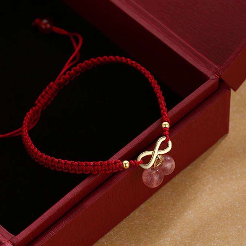 Fortune Jewel Strawberry Quartz Crystal Endless Knot Love Healing Red String Weave Bracelet