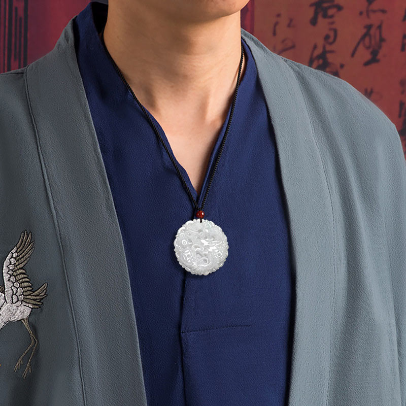 Fortune Jewel White Jade Dragon Protection Necklace String Pendant Fortune Jewel