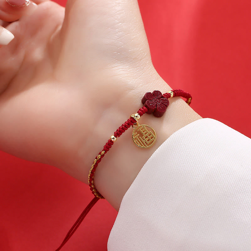 Fortune Jewel Cinnabar Flower Fu Character Blessing Braided String Bracelet