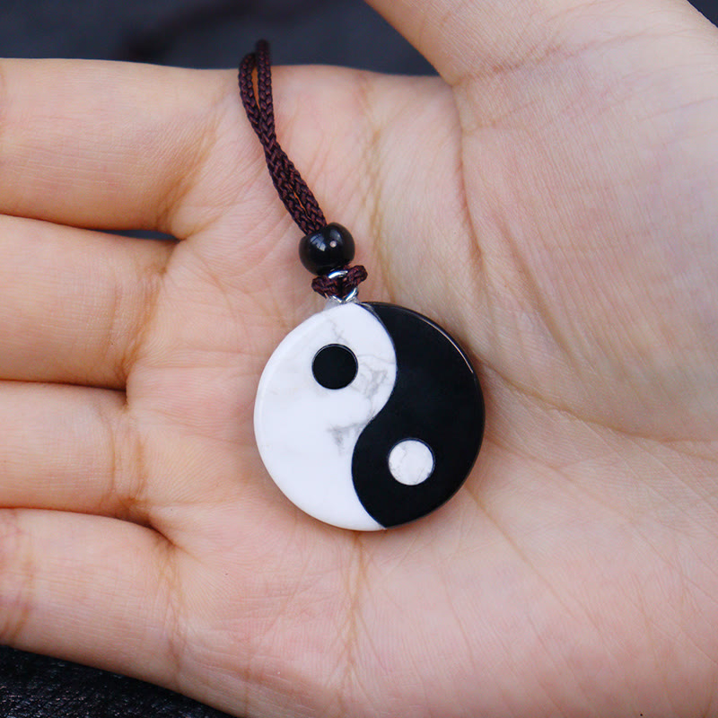 Fortune Jewel Natural Black Obsidian White Turquoise Yin Yang Fulfilment Strength Necklace Pendant