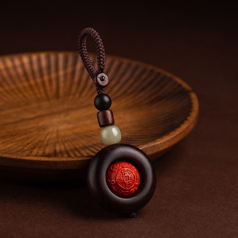 Fortune Jewel Tibet Om Mani Padme Hum PiXiu Copper Coin Small Leaf Red Sandalwood Cinnabar Protection Key Chain
