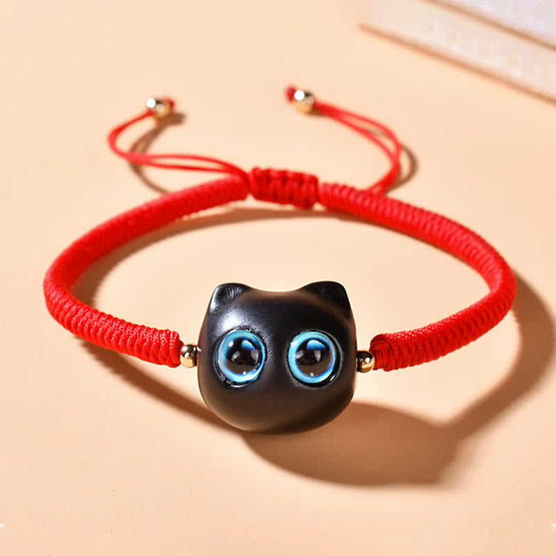 Fortune Jewel Ebony Wood Cat Head Pattern Peace King Kong Knot Braided Bracelet