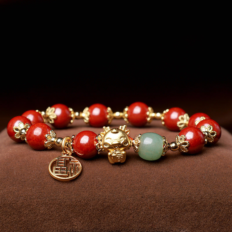 Fortune Jewel Year of the Dragon Natural Cinnabar Fu Character Charm Blessing Bracelet