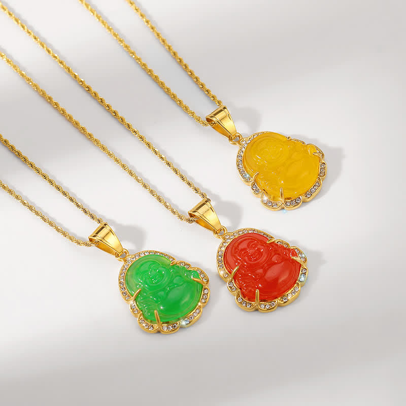 Fortune Jewel 18K Gold Filled Laughing Buddha Jade Luck Necklace Chain Pendant Fortune Jewel