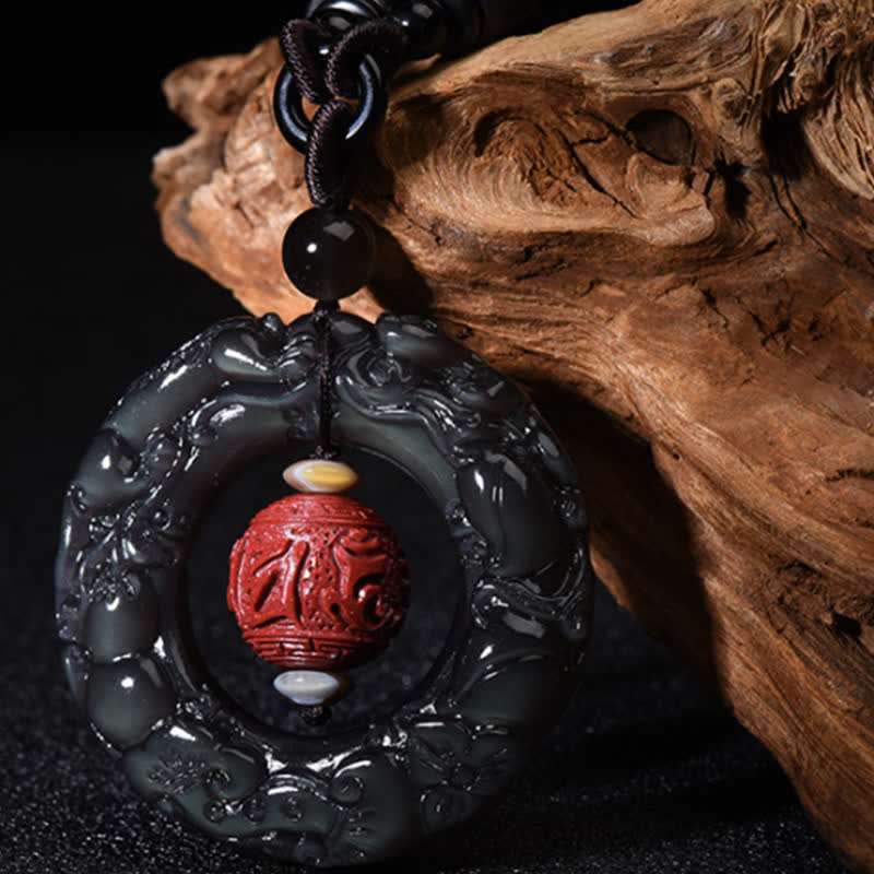 Fortune Jewel FengShui Natural Rainbow Obsidian PiXiu Cinnabar Healing Necklace Pendant