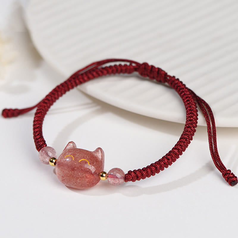 Fortune Jewel Handmade Natural Silver Sheen Obsidian Strawberry Quartz Cute Cat Protection Braided Bracelet