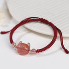 Fortune Jewel Handmade Natural Silver Sheen Obsidian Strawberry Quartz Cute Cat Protection Braided Bracelet