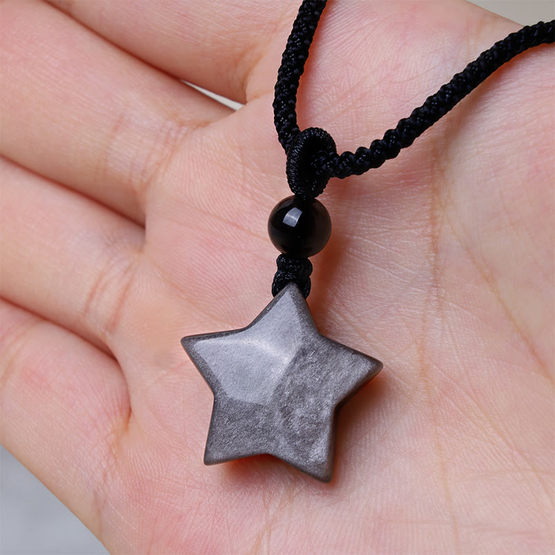 Fortune Jewel Natural Silver Sheen Obsidian Star Crescent Moon Protection Necklace Pendant