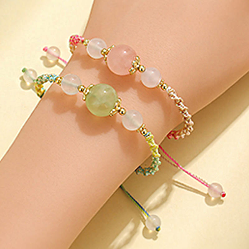 Fortune Jewel Strawberry Quartz Pink Crystal Prehnite White Agate Bead Healing Rope Bracelet