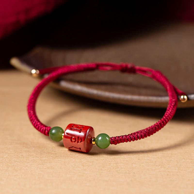 Fortune Jewel Tibetan Cinnabar Om Mani Padme Hum Engraved Blessing Braided Rope Bracelet