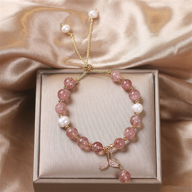 Fortune Jewel Strawberry Quartz Rutilated Quartz Fishtail Charm Healing Bracelet