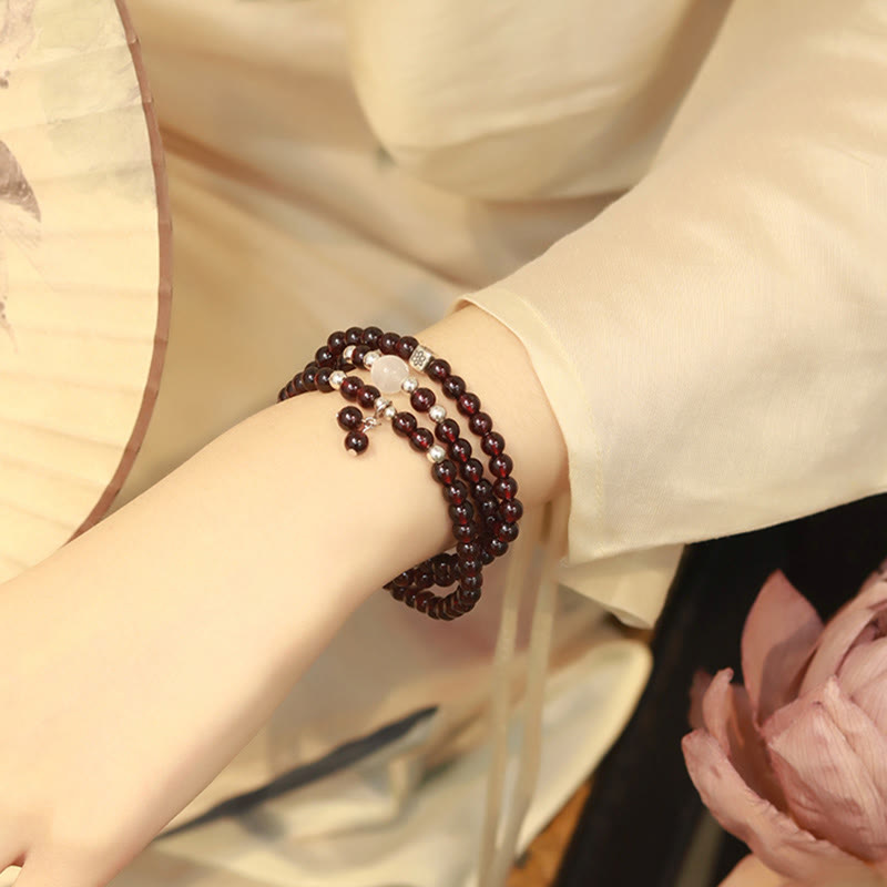 Fortune Jewel 925 Sterling Silver Natural Garnet Cat Eye Protection Triple Wrap Bracelet