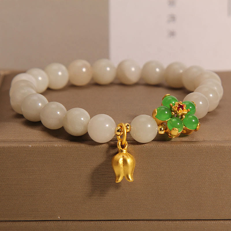 Fortune Jewel Natural Jade Green Flower Lily Of The Valley Luck Bracelet